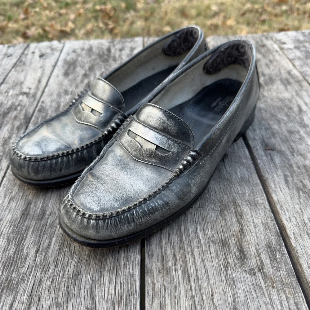 GH Bass Weejuns Wayfarer VII Penny Loafers Mens 9M Metallic Silver Black Leather